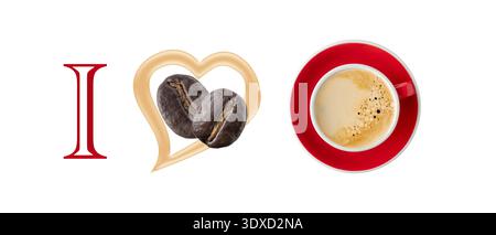 Rote weiße Tasse heißer Kaffee mit Bohnen von oben isoliert auf weißem Hintergrund. Ich liebe das Kaffeekonzept. Konditorei oder Kaffeekarte. Stockfoto