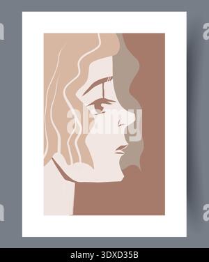 Ruhige Weibliche Silhouette In Beige. Minimalistisches Beigefarbenes Weibliches Profil Mit Weichen Wellen Und Eleganten Konturen Stock Vektor