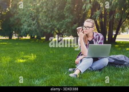 Die junge Frau arbeitet am Laptop, während sie während des Sonnentags auf dem Gras im Park sitzt Stockfoto