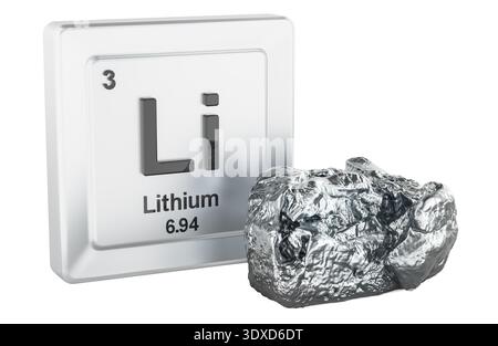 Lithium-Element-Fliese Li mit Metallblock, 3D-Rendering isoliert auf weißem Hintergrund Stockfoto