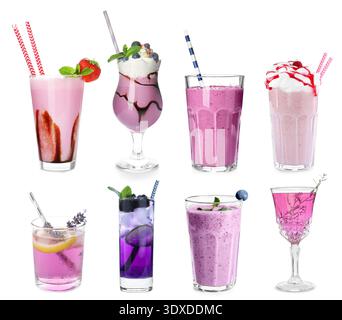 Set mit verschiedenen violetten Cocktails isoliert auf weiß Stockfoto
