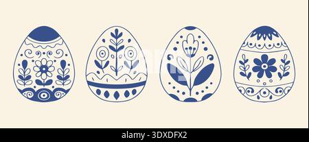 Set aus vier Ostereiern mit volkstümlichem Blumenmuster und symmetrischen botanischen Ornamenten. Blaue Umrisslinie Kunstvektor-Illustration auf beigefarbenem Hintergrund Stock Vektor