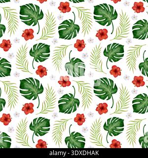 Tropische Monstera und Hibiskus nahtloses Muster, Aquarellillustration mit grünen Palmblättern, weißen Plumeria und roten Blumen, für Textil, Stoff, Stockfoto
