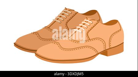 Beigefarbene Lochstickerei für Herren. Schuhe aus perforiertem Leder mit klassischem Flügelspitzendetail, eleganter, legerer Bürostil. Technische Illustration CAD-Modell Vektorkontur isoliert auf weißem Hintergrund. Stock Vektor