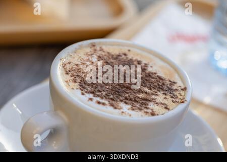Cremiger Cappuccino in weißer Keramikschale mit Kakaopulver auf Milchschaum, serviert auf einem Holztisch in weichem Tageslicht Stockfoto