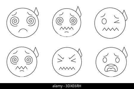 Minimalistisches Vektor-Outline-Paket von kranken und schwindelerregenden Emoji-Gesichtern für Coloring- und Line-Art-Projekte Stock Vektor