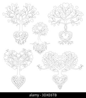 Minimalistisches Heart Tree Line Art Vector Bundle mit Vögeln und Wurzeln für kreative Zeichenprojekte Stock Vektor