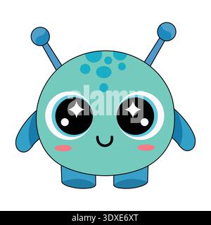 Niedliches Aqua-blaues Alien-Monster mit langen Antennen und großen funkelnden Augen Vektor-Maskottchen-Illustration Stock Vektor