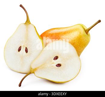 Gelbe Birnenfruchsisolat. Birne auf weiß. Pfad zum Beschneiden von gelben Birnen. High-End-Retuschierung Stockfoto
