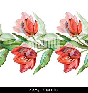 Horizontaler, nahtloser Rand mit einem rhythmischen Muster aus roten Tulpen und grünen Blättern. Diese elegante Blumengirlande mit handbemalten Farben Stockfoto