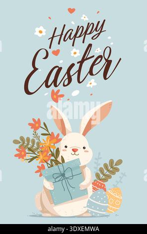 Osterhase hält Geschenk Blumen verzierte Eier Frühlingspflanzen pastellblauer Hintergrund festliche Feiertagskarte Stock Vektor