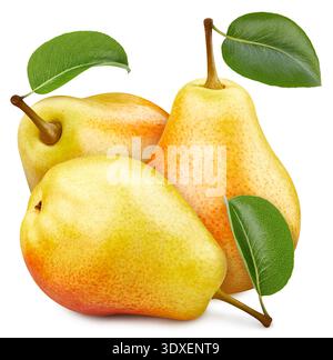 Birnenfrucht mit Blättern Isolat. Gelbe Birne auf weiß. Pear Beschneidungspfad. Stockfoto