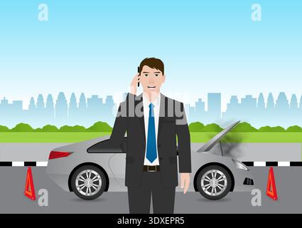 Panne Des Fahrzeugs. Mann, der ein Smartphone benutzt, um nach einer Panne einen Autoservice oder einen Mechaniker zu rufen. Vektorabbildung. Stock Vektor
