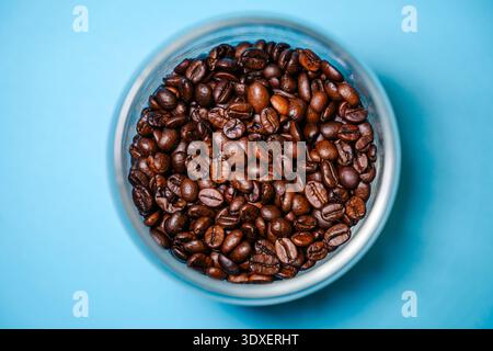 Geröstete Kaffeebohnen in einem Glasgefäß auf blauem Hintergrund von oben. Minimalistische Zusammensetzung dunkler Kaffeebohnen im Behälter über blauer Oberfläche. Hochwertige Fotos Stockfoto