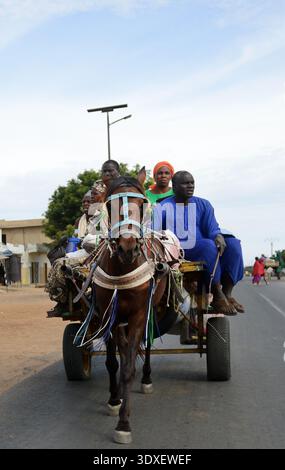 Eine Gruppe von Menschen, die auf einem von Pferden gezogenen Wagen eine ländliche Straße in Senegal entlangfahren. Stockfoto