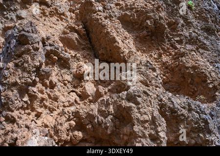 Nahaufnahme der dramatisch gestuften roten und ockerfarbenen vulkanischen Klippen mit kontrastierenden Basaltfelsen-Texturen und spärlicher endemischer Vegetation in der Anaga Re Stockfoto
