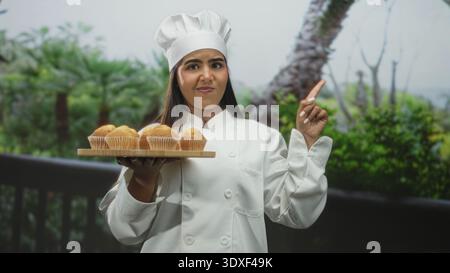 Die junge Küchenchefin mit weißem Hut und Mantel hält ein hölzernes Tablett mit Muffins und zeigt mit dem Finger nach rechts auf dem Balkon mit Palmen und Grün; vertraut Stockfoto