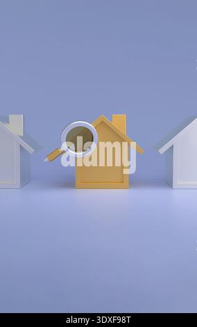 Vergrößerungsglas, das ein goldenes Haus von Wohneigentum identifiziert. Immobiliensuche, Auswahl und Suche nach dem richtigen Zuhause Stockfoto
