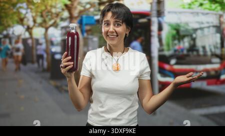 Frau, die eine Flasche Granatapfelsaft in der einen Hand hält und die andere Hand hebt, während sie auf einer Straße lächelt; fröhlicher Gesundheitsmoment. Stockfoto
