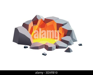 Vektorloch im Boden mit leuchtendem orangefarbenem Licht - gerissene Oberfläche mit eckigen Fragmenten auf neutralem Hintergrund Stock Vektor