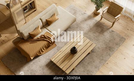 Ein ruhiger japanisch-skandinavischer Innenraum von oben aus, mit warmen Materialien, weichem Tageslicht und harmonischer minimalistischer Einrichtung. 3D-Illustrat Stockfoto