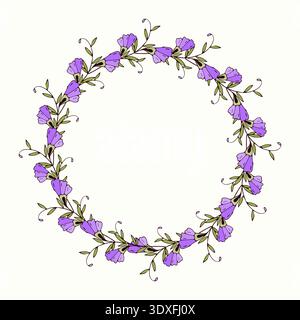 Kranz der Konvolvulusblumen Fliederfarben. Handgezeichneter Blumenbindweed. Auf weißem Hintergrund. . Vektorabbildung Stock Vektor