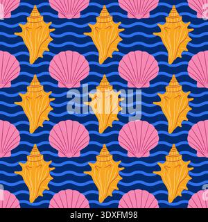 Nahtloses Muster mit rosafarbenen Muscheln und gelben Murex-Muscheln auf welligem blauem Hintergrund. Handgezeichneter trendiger flacher Stil. Ideal für Sommertextilien, Geschenkpapier und Stranddekor Stock Vektor