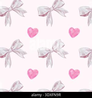 Handgemaltes Aquarell mit einem nahtlosen Muster mit rosafarbenen Schleifen und Herzen auf rosa Hintergrund. Stockfoto