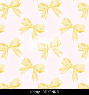 Handgemaltes Aquarell mit einem nahtlosen Muster mit goldenen Schleifen auf rosa Hintergrund. Stockfoto