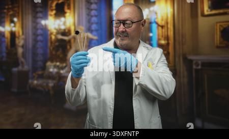 Männlicher Zahnarzt zeigt Finger auf Zahnspiegel mit blauen Handschuhen und weißem Laborkittel im kunstvollen Bauen; Vertrauenskompetenz. Stockfoto