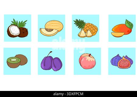 Eine farbenfrohe Illustration tropischer Früchte wie Kokosnuss, Melone und Mango, die alle anspricht, die sie sehen Stockfoto