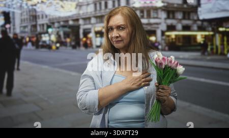Frau, die Tulpen hält, Hand in ergreifender Geste auf der belebten Straße der Stadt an die Brust gedrückt; Nostalgie Erinnerung. Stockfoto