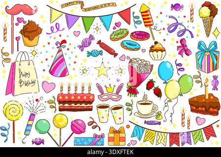Fröhliche Kritzeleien rund um Geburtstage, darunter Kuchen, bunte Ballons und wunderbare Geschenke Stockfoto