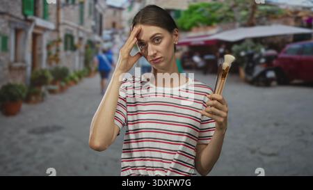 Frau in gestreiftem Hemd mit großen Pinseln, Hand an Stirn für Kopfschmerzen auf einem schmalen Kopfsteinpflastermarkt; kreative Erschöpfung. Stockfoto