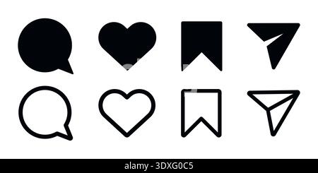 Minimale flache und konturierte Symbole für Social Media Interaction Set - Like, Kommentar, Freigeben, Symbole speichern Vektorillustration Stock Vektor