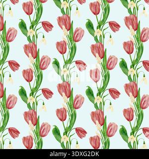 Nahtloses Muster mit rosa Tulpen und Schneeglöckchen, eine Welle auf rosa Hintergrund. Die Aquarellabbildung ist handgezeichnet. Stockfoto