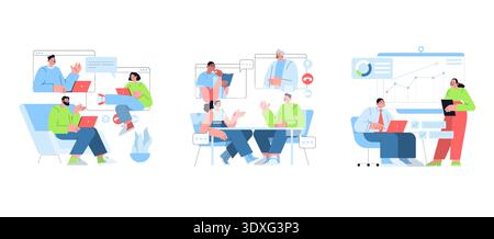 Geschäftsteam nimmt an einem virtuellen Meeting Teil, diskutiert Projekte per Videoanruf und überprüft Daten auf dem Bildschirm. Teammitglieder arbeiten Remote mit Laptops zusammen. Vektorabbildung. Stock Vektor