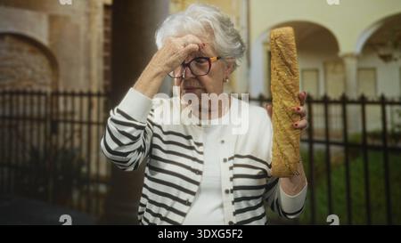 Ältere Frau, die ein Baguette mit Hand an Stirn vor dem Gebäude hält, gestreifte Strickjacke und Brille, Ringe an der Hand zeigen; Nostalgie Müdigkeit. Stockfoto