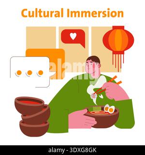 Vektor-Illustration, die das kulturelle Eintauchen durch Lebensmittel darstellt. Eine Person genießt eine Schüssel Nudelsuppe mit Essstäbchen, umgeben von kulturellen Symbolen wie Laternen und Sprechblasen. Stock Vektor