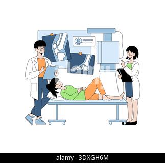 Medizinisches Fachpersonal, das die Röntgenergebnisse eines Patienten auf einem Bildschirm untersucht. Die Vektor-Illustration zeigt ein Ärzteteam, das die Diagnose mit dem Patienten diskutiert, der ruhig aussieht. Stock Vektor