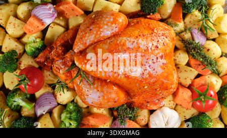 Gebratenes Hühnchen mit Gemüse, das auf einem Tablett zum Kochen im Ofen in der Küche zubereitet wird Stockfoto