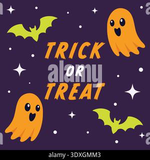 Halloween-Poster mit Geistern und Fledermäusen um Trick or Treat Text auf einem sternenklaren Hintergrund Stock Vektor