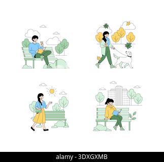Vektor-Illustration, die Personen zeigt, die an verschiedenen Herbstaktivitäten beteiligt sind, wie zum Beispiel beim Spazierengehen mit einem Hund, beim Lesen auf einer Bank oder beim Spaziergang durch den Park, umgeben von Bäumen und Natur. Stock Vektor