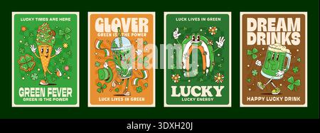 Happy St. Patrick's Day, groovige Y2K-Poster, Banner Stock Vektor