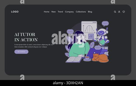 Vektor-Illustration, in der ein Schüler mit einem KI-Tutor interagiert. Die Szene zeigt das Lernen mit digitaler Unterstützung, zeigt Technologie und Zusammenarbeit im Bildungsbereich. Stock Vektor