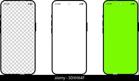 Mockup stellt drei moderne Smartphones mit leeren transparenten, weißen und grünen Chroma-Tastenbildschirmen auf weißem Hintergrund her Stock Vektor