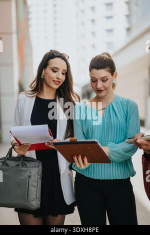 Zwei Geschäftsfrauen, die Dokumente und ein Tablet während eines Treffens im Freien in der Stadt überprüfen Stockfoto