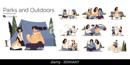 Vektor-Illustrationsset, das Menschen darstellt, die Outdoor-Aktivitäten wie Camping, Lesen und Wandern genießen. Szenen betonen Freizeit, Freundschaft und Naturforschung. Stock Vektor