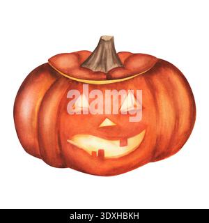 Aquarellkurvenförmiger Kürbiskopf mit lächelndem Gesicht. Jack-o-Laterne. Urlaubsclipart. Handgezeichnete Illustration für Halloween-Design von Postkarten, S. Stockfoto