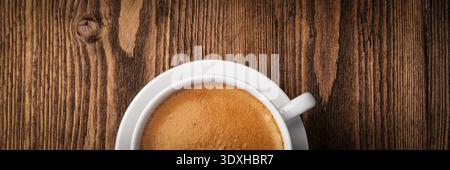 Banner im Hintergrund für Kaffee mit Kopierraum, Kopfzeile mit Holzstruktur Stockfoto